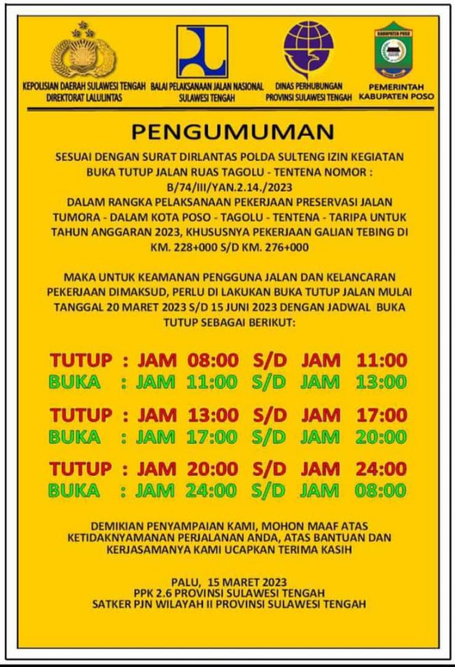 
 Jadwal buka-tutup ruas jalan di Tagolu-Tentena. Foto : istimewa