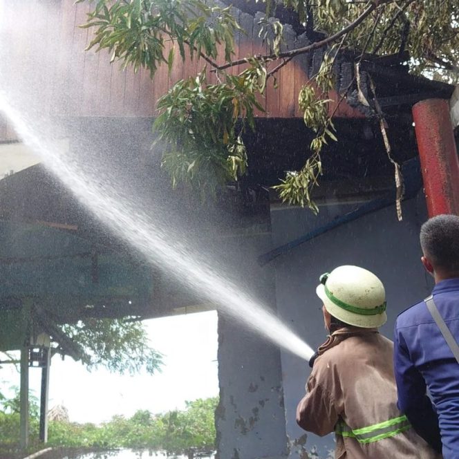 
 Damkarmat kota Palu memadamkan satu unit rumah kosong yang dilalap api di kecamatan Ulujadi. Foto: Damkarmat Kota Palu