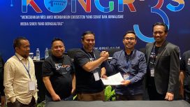 CEO Tempo Digital Wahyu Dhyatmika dan Direktur Bisnis dan Digital Katadata Maryadi resmi menjadi Ketua Umum dan Sekretaris Jenderal Asosiasi Media Siber Indonesia (AMSI) periode 2023-2027. Foto: AMSI