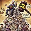 Foto: Ilustrasi seorang calon yang kalah berdiri di atas tumpukan kertas suara yang sudah tercoblos, sambil tertawa dan memegang palu gugatan.