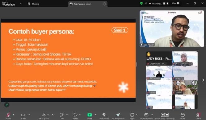 
 Zaki Fausan memaparkan strategi mengenali buyer persona dalam webinar JOIN Insight Telkom Regional 5 bertema “Copywriting Cuan”. Foto: Telkom Regional 5 