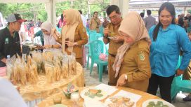 Sejumlah pejabat dan peserta mencicipi serta menilai produk kuliner lokal UMKM dalam rangkaian peluncuran program Torue Berdaya di Pantai Arjuna, Desa Tolai Barat, Kecamatan Torue, Parigi Moutong, Senin (30/6/2025). Foto: Diskominfo Parimo 