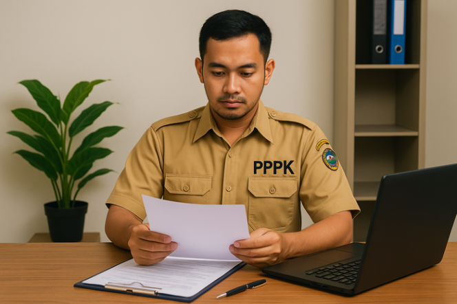 
 Seorang pegawai PPPK mengenakan seragam dinas tengah memeriksa berkas perpanjangan masa perjanjian kerja di ruang kerjanya. Foto: AI