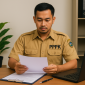 Seorang pegawai PPPK mengenakan seragam dinas tengah memeriksa berkas perpanjangan masa perjanjian kerja di ruang kerjanya.