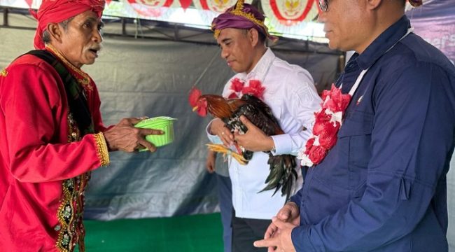 Gubernur Sulteng Anwar Hafid menerima penyambutan adat warga Banggaiba saat perayaan HUT ke-80 RI di Kulawi, Sigi. Foto: Tim Media Gubernur Sulteng