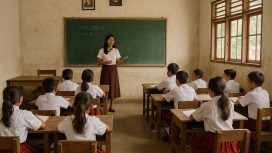 Ilustrasi Guru mengajar murid-murid sekolah dasar di ruang kelas sederhana pedesaan Parigi Moutong, menggambarkan keterbatasan fasilitas namun tetap aktif dalam proses belajar mengajar. Foto: AI-PPID