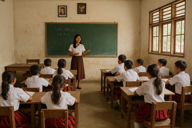 
 Ilustrasi Guru mengajar murid-murid sekolah dasar di ruang kelas sederhana pedesaan Parigi Moutong, menggambarkan keterbatasan fasilitas namun tetap aktif dalam proses belajar mengajar. Foto: AI-PPID