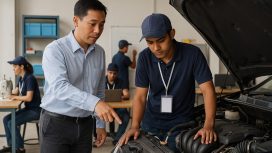 Peserta pelatihan di Balai Latihan Kerja mengikuti praktik otomotif yang dibimbing instruktur, sementara peserta lain menjalani pelatihan keterampilan seperti menjahit dan teknologi informasi. Ilustrasi. Foto: AI-PPID