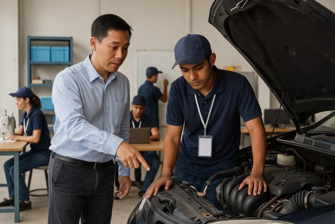 
 Peserta pelatihan di Balai Latihan Kerja mengikuti praktik otomotif yang dibimbing instruktur, sementara peserta lain menjalani pelatihan keterampilan seperti menjahit dan teknologi informasi. Ilustrasi. Foto: AI-PPID