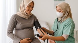 Ilustrasi Petugas kesehatan memeriksa tekanan darah ibu hamil dalam layanan antenatal care di puskesmas, sebagai bagian dari upaya mencegah kehamilan risiko tinggi. Foto: AI-PPID