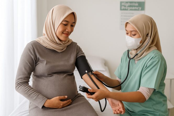 
 Ilustrasi Petugas kesehatan memeriksa tekanan darah ibu hamil dalam layanan antenatal care di puskesmas, sebagai bagian dari upaya mencegah kehamilan risiko tinggi. Foto: AI-PPID