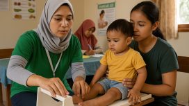 Ilustrasi Kader posyandu mengukur panjang badan balita menggunakan alat antropometri sebagai bagian dari pemantauan pertumbuhan rutin. Foto: AI-PPID