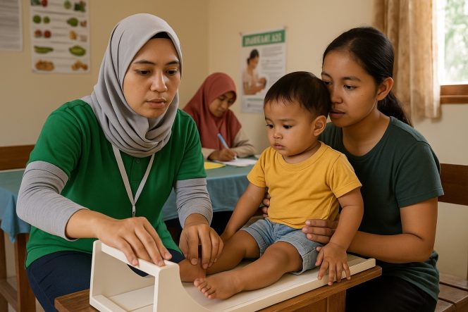 
 Ilustrasi Kader posyandu mengukur panjang badan balita menggunakan alat antropometri sebagai bagian dari pemantauan pertumbuhan rutin. Foto: AI-PPID