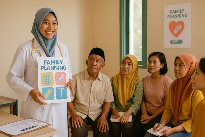 
 Ilustrasi Tenaga kesehatan memberikan penyuluhan Keluarga Berencana kepada warga di puskesmas, dihadiri tokoh masyarakat dan ibu-ibu peserta sosialisasi. Foto: AI-PPID