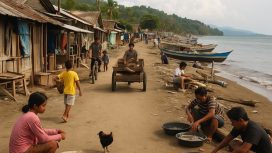 Ilustrasi Warga di kawasan pesisir Parigi Moutong beraktivitas di sekitar permukiman sederhana, menggambarkan kondisi ekonomi masyarakat yang menggantungkan hidup pada hasil laut dan usaha harian. Foto: AI-PPID