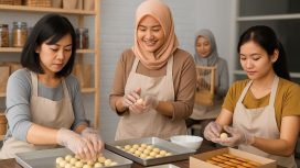 Perempuan pelaku UMKM sedang mengikuti pelatihan produksi makanan dan kerajinan sebagai bagian dari pemberdayaan ekonomi di daerah. Ilustrasi. Foto: AI-PPID