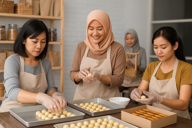 
 Perempuan pelaku UMKM sedang mengikuti pelatihan produksi makanan dan kerajinan sebagai bagian dari pemberdayaan ekonomi di daerah. Ilustrasi. Foto: AI-PPID