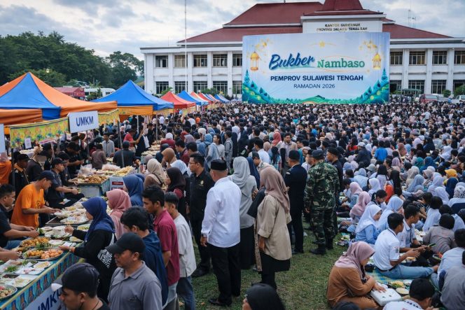 
 Ribuan warga memadati halaman Kantor Gubernur Sulawesi Tengah saat pelaksanaan Bukber Nambaso Ramadan 2026. Pemprov Sulteng menyiapkan 10.000 porsi makanan gratis yang disuplai pelaku UMKM lokal. Foto: Ilustrasi/AI
