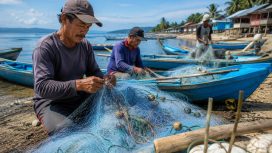 Ilustrasi nelayan memperbaiki pukat di kawasan pesisir. Foto: PPID/AI