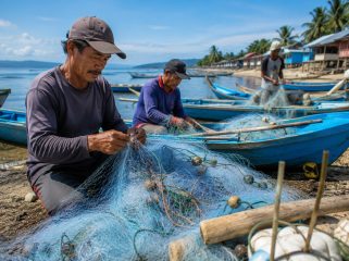 Ilustrasi nelayan memperbaiki pukat di kawasan pesisir. Foto: PPID/AI