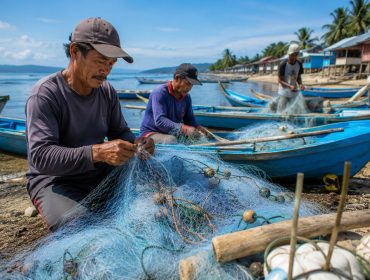 Ilustrasi nelayan memperbaiki pukat di kawasan pesisir. Foto: PPID/AI