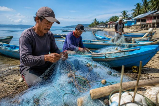 
 Ilustrasi nelayan memperbaiki pukat di kawasan pesisir. Foto: PPID/AI