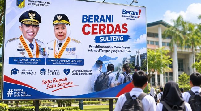 Ilustrasi program Berani Cerdas Sulteng yang menampilkan Gubernur Anwar Hafid dan Wakil Gubernur Reny Lamadjido. Foto: AI/PaluPoso