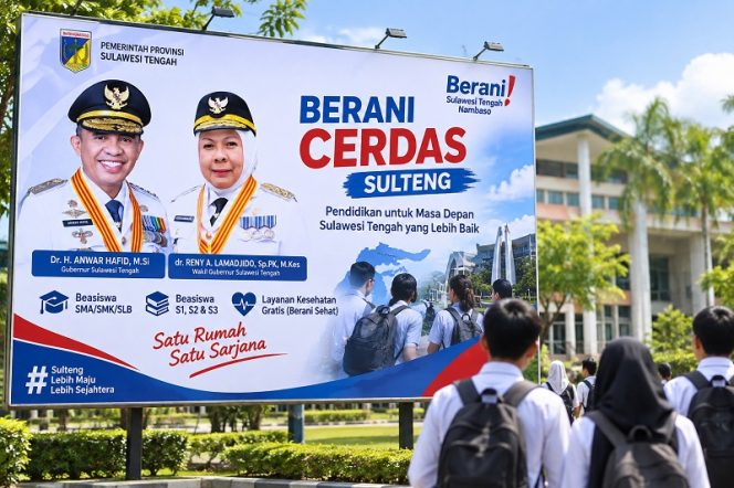
 Ilustrasi program Berani Cerdas Sulteng yang menampilkan Gubernur Anwar Hafid dan Wakil Gubernur Reny Lamadjido. Foto: AI/PaluPoso